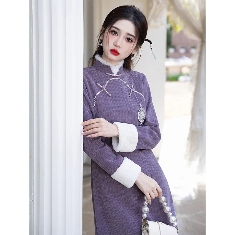 ワンピースドレスドレス紫色のチョンサム秋と冬のスタイルスリムで改善された新しいスタイルの毎日のウェアラブル冬の長袖ベルベットドレス 4,731円