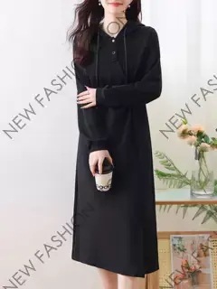 黒の衛衣スカート春と秋のミドル丈の連帽新型ワンピースa字スカート-30