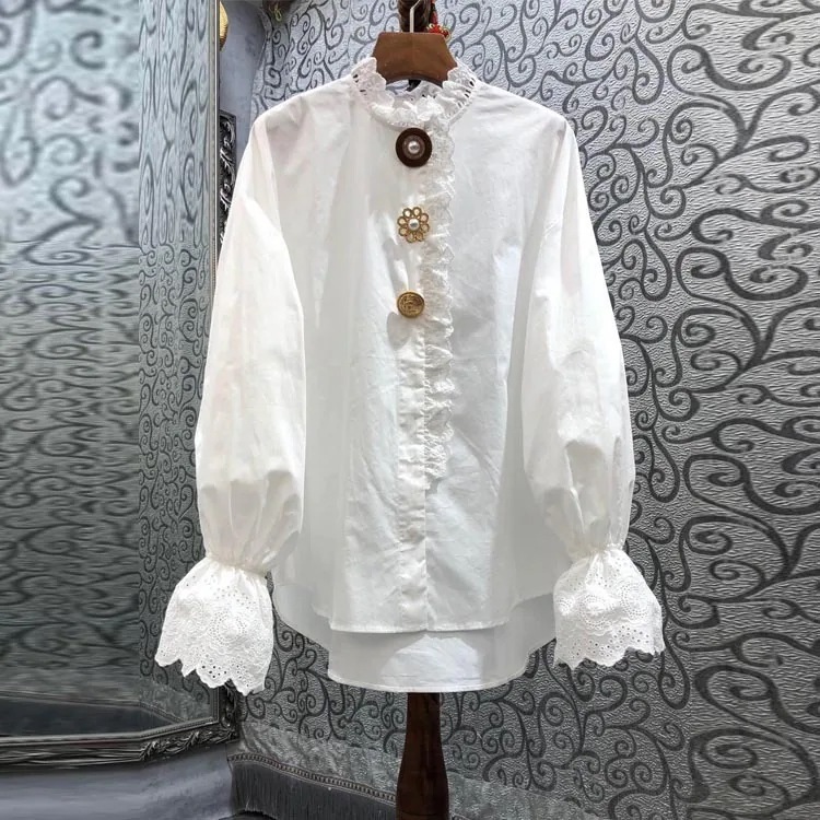 トップス シャツ 白シャツ トランペットスリーブ スタンドカラー ブラウス 白トップス ミディアム丈 袖あり 長袖 襟付き ルーズ レース 綿 かわいい 大人可愛い おしゃれ お洒落 エスニック