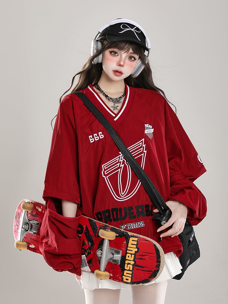 2025春夏 トップスバイカラー長袖TシャツかわいいK-POPVネックレディース韓国風ロゴ衣装ルーズゆったりカジュアルおしゃれサイズ袖グラフィックシルエットファッション系サイドシャツフット春スポーツT