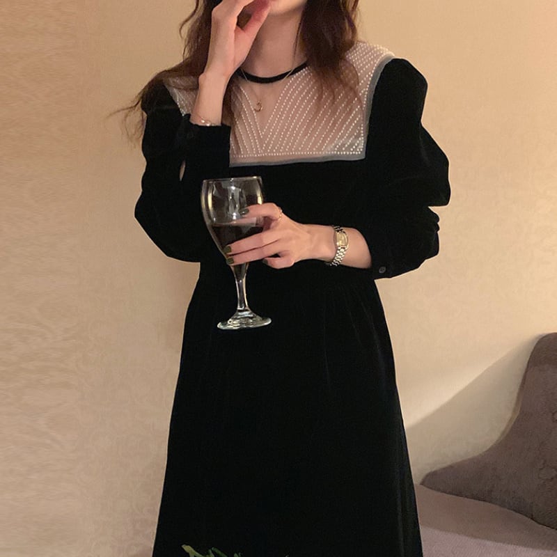 ワンピース ロング丈 長袖 ラウンドネック 大人可愛い 上品 お洒落 フリーサイズ 83