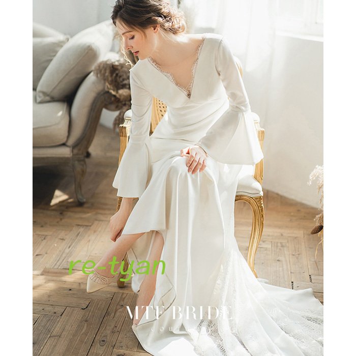 ウエディングドレス 袖あり 結婚式 白 二次会ワンピース フォトウエディング ビーチフォト 前撮り後