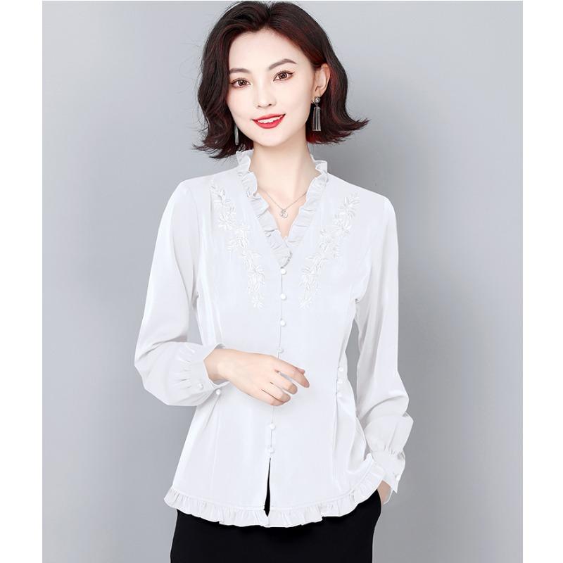 レディース トップス ブラウス 秋 女性 韓国 カジュアル 刺繍 ウエスト シャツ 長袖 Vネック シングルブレスト 通勤 オフィス 薄手 軽量 柔らかい お腹 カバー スリム フィット