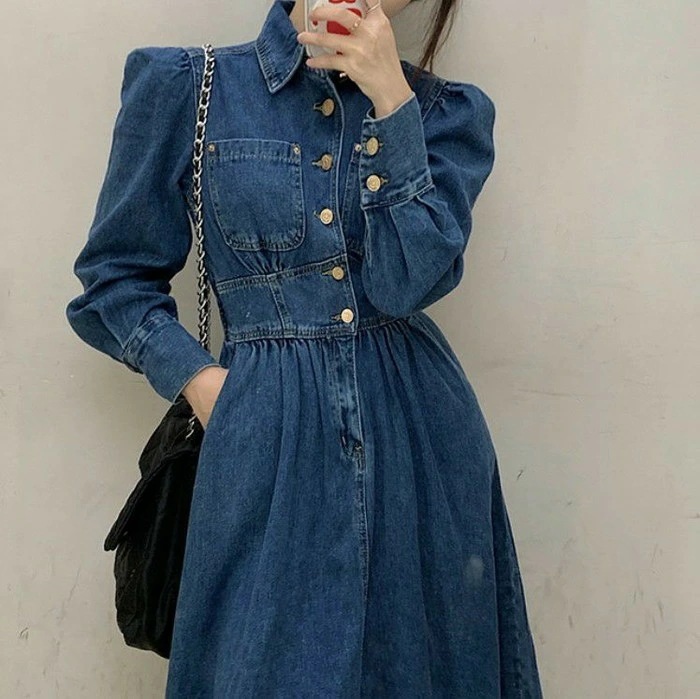 年 秋冬 新作 デニム 金ボタン ウエストシェイプ ワンピース