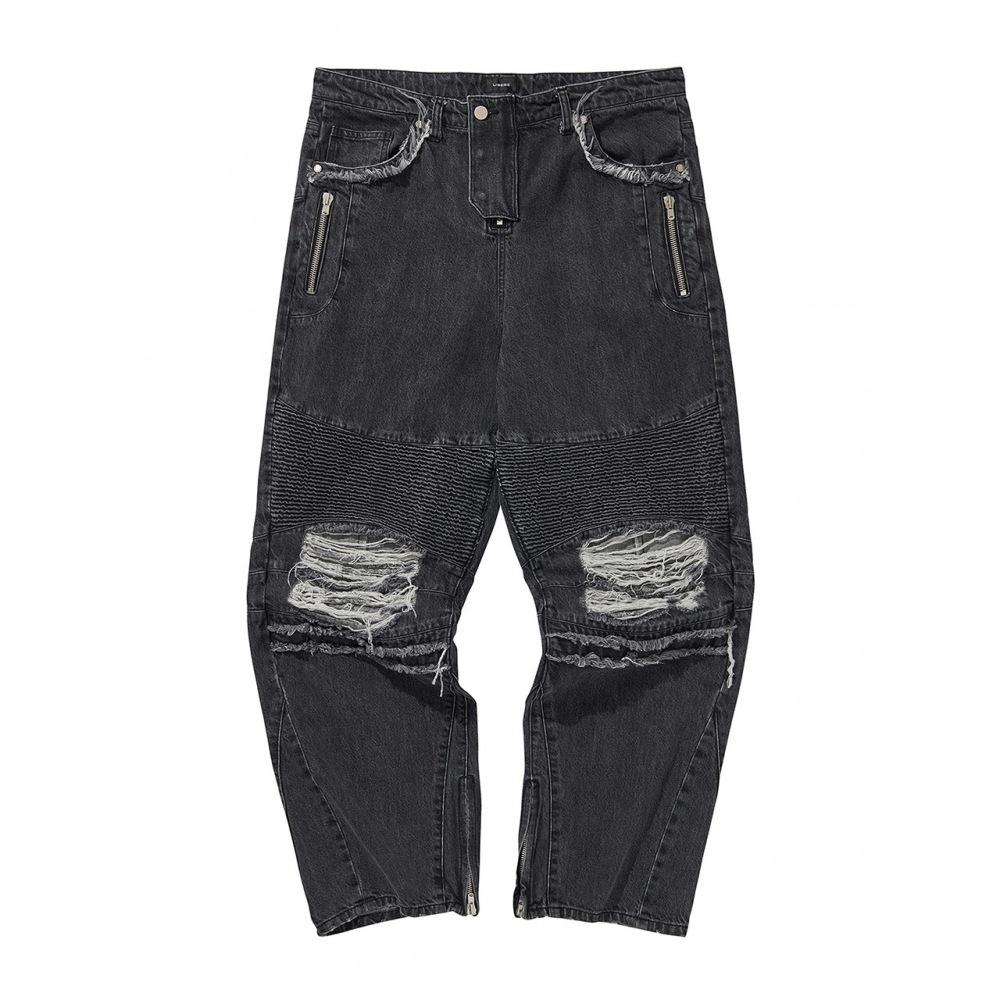 LIVERE コリアデニムバイカーバギーパンツブラック