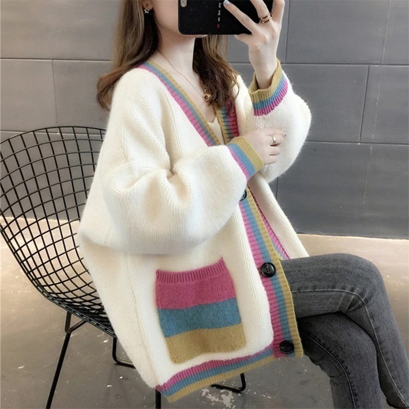 ベーシックニット アウター女2023春秋のけだるさ風Vネックカラーニットゆったり厚手セーターカーディガン