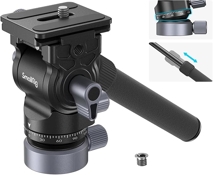 アップグレード版 SmallRig 三脚用ビデオ雲台 2WAY雲台 ビデオヘッドフルード雲台 ハンドル取り外し可能 ピッチ 90/-55および水平 360調整可能 レベリングベース10/-10