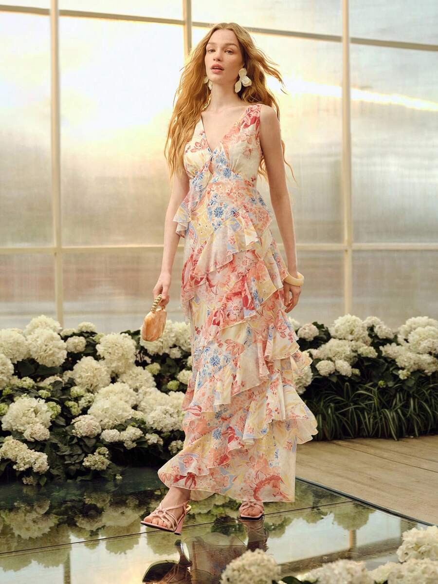非対称フリルヘムフローラルプリントノースリーブドレス春夏