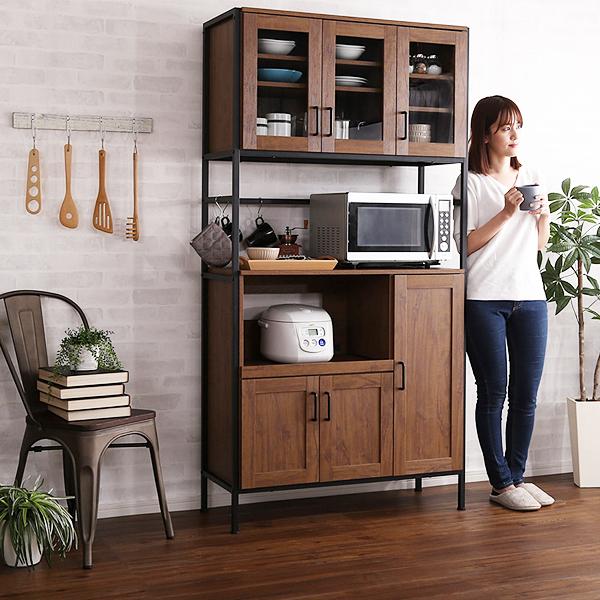 食器棚 おしゃれ 西海岸風 北欧 アメリカン レトロ Cafe カフェ インテリア カントリー ナチュラル スチール 木目 キッチンラック レンジ台 スライド棚 開き戸