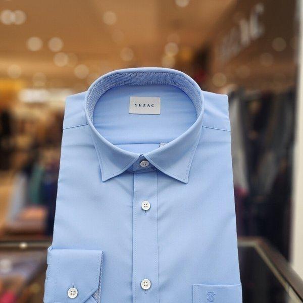 AK平沢店シャツ ソリッドストレッチ配色スナップカラールミフィットシャツ ブルー