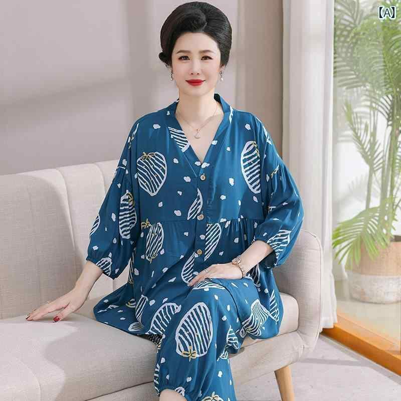 ルームウェア 部屋着 レディース 長袖 婦人 ミセス 高齢者 夏 屋外 コットンシルクパジャマ カーディガン ツーピース スーツ
