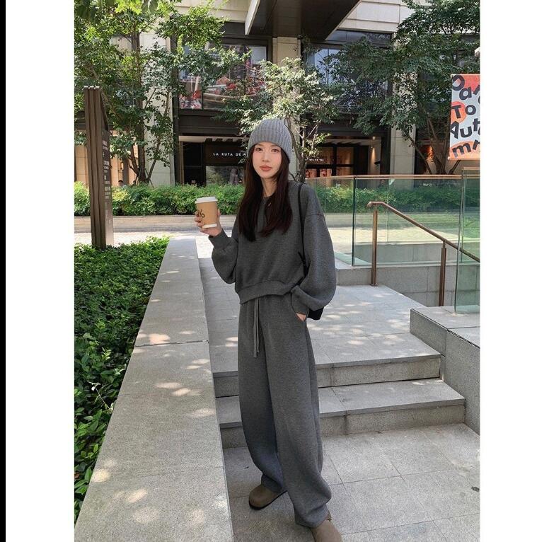 韓国版カジュアルスポーツスーツ女性厚手ファッション衛衣ワイドパンツ2枚セット