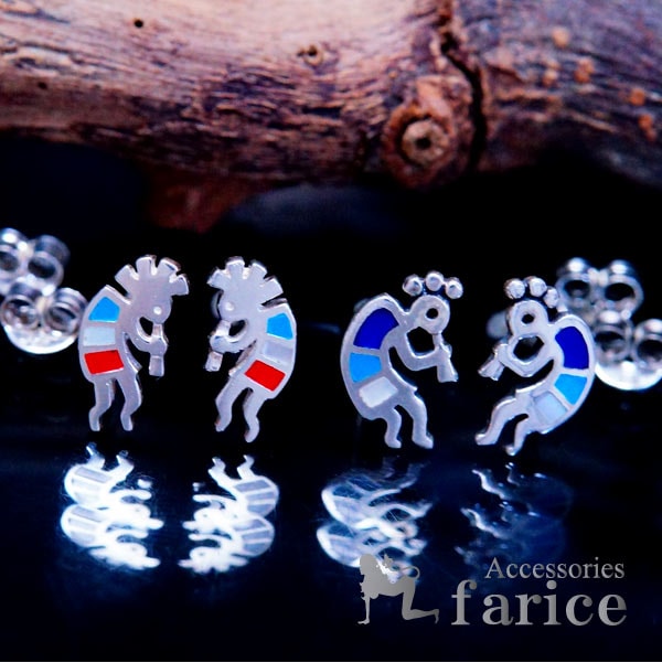 インディアンジュエリー ピアス ココペリ 精霊 ズニ族 インレイ 天然石 メンズ シルバー925 コ