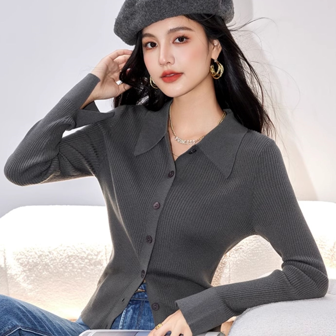 トップス シャツ ニットシャツ 長袖 襟付き前開き ボタン ミディアム丈 ニット 萌え袖 可愛い かわいい 大人可愛い きれいめ シンプル 上品 レトロ おしゃれ かっこいい カジュアル こなれ感