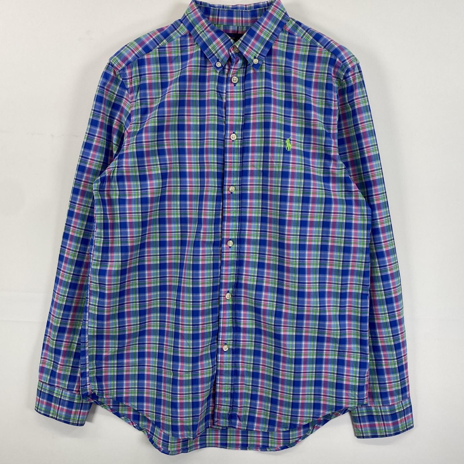 古着 長袖シャツ ボタンダウン ロゴ刺繍 ワンポイント XL（18-20） ブルー系 チェック レディース