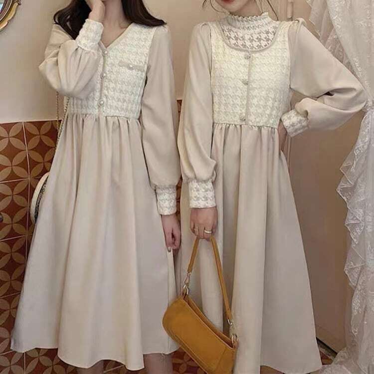 レディース 格子 ドッキング ワンピース パールボタン ランタンスリーブ ハイウエスト 長袖 バイカラー 大人可愛い ママコーデ ママファッション 韓国系 オルチャン 人気 トレンド 新作 20代 3