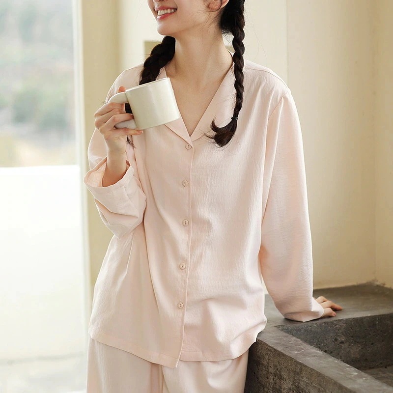 春夏ボタンダウンルームウェア レディースゆったり長袖カーディガンセット カジュアルパンツ アウター 快適パジャマ