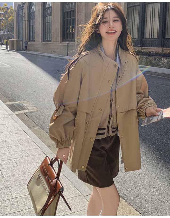マウンテンパーカー レディース コート アウター 春 秋 ショート ミドル丈 スタンドカラー ドロースト 前ファスナー 前ボタン 春 秋 ショート ボリューム袖 ベージュ 通勤 通学 大