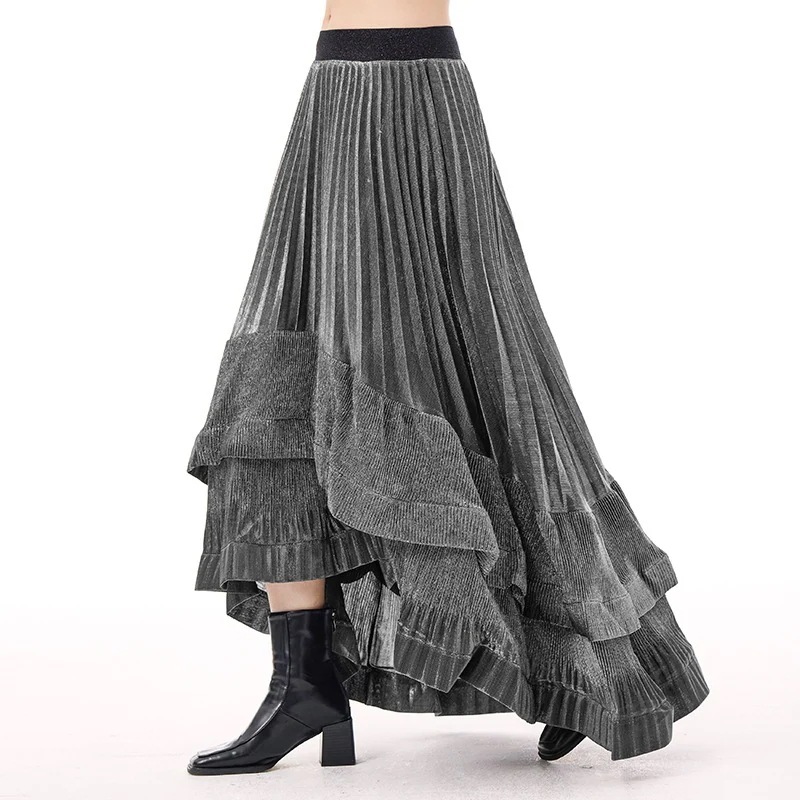 フレンチレトロなニッチデザイン感あふれる重工プリーツスカート女性ストリート風ファッションゆったりフレアAラインスカート