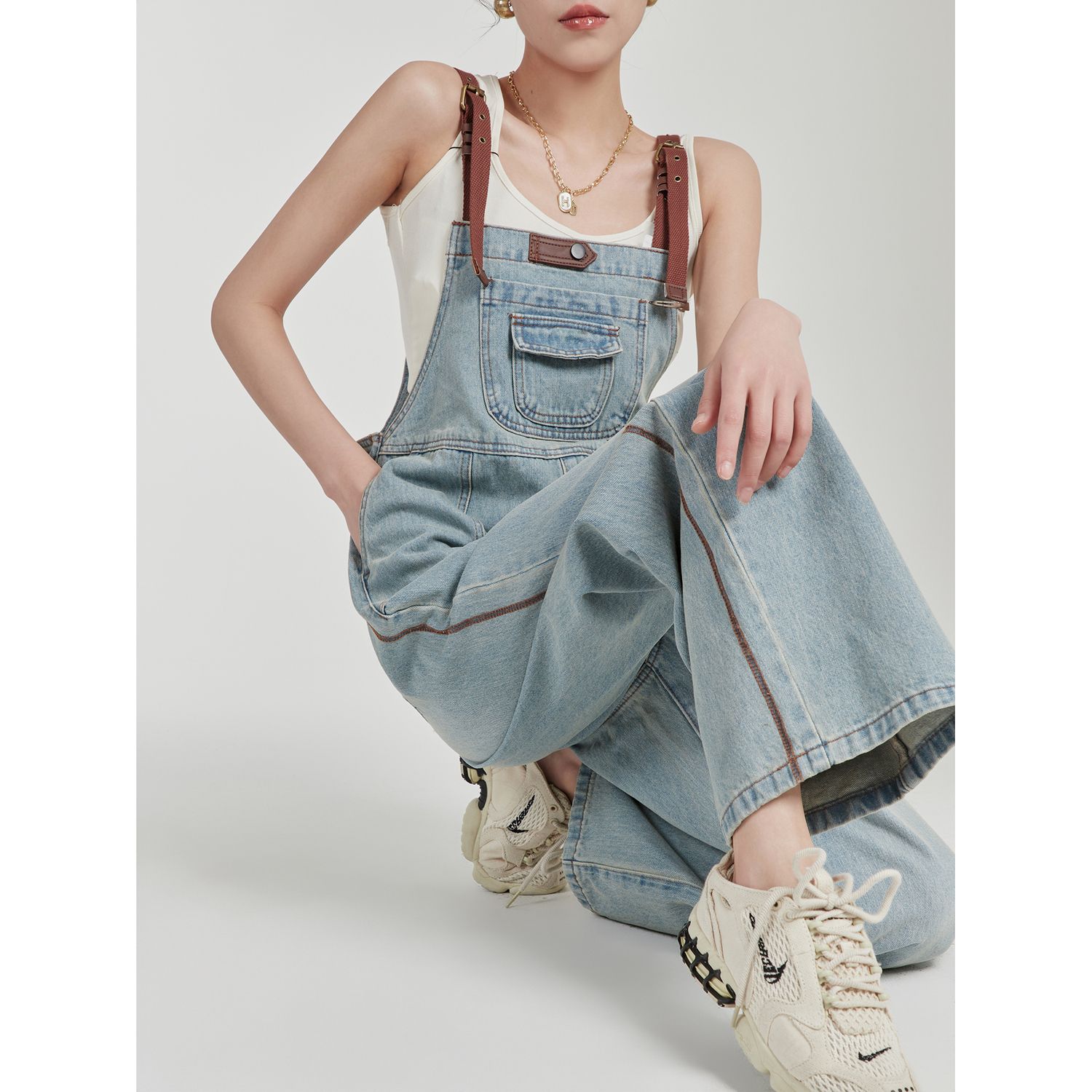 レトロ オーバーオール デザイン感 とても快適 ハイウェスト 着痩せ ゆったり ストレート デニムボトムス ワイドパンツ オールインワン 5,353円