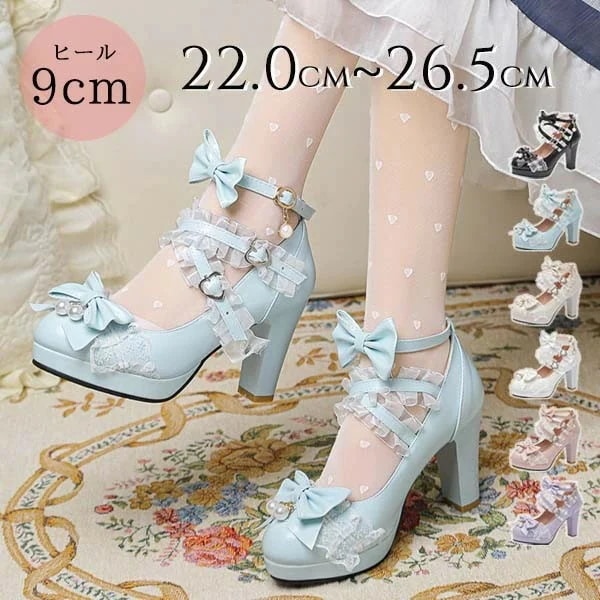【急速出荷!】ロリータ 厚底 ロリィタパンプス ゴスロリ おでこ靴 ロリィタ靴 ヒール9センチ レディース メイド靴 可愛い 女の子 リボン付き 日常 文化祭 イベント 美脚 お茶会 通学 クロススト