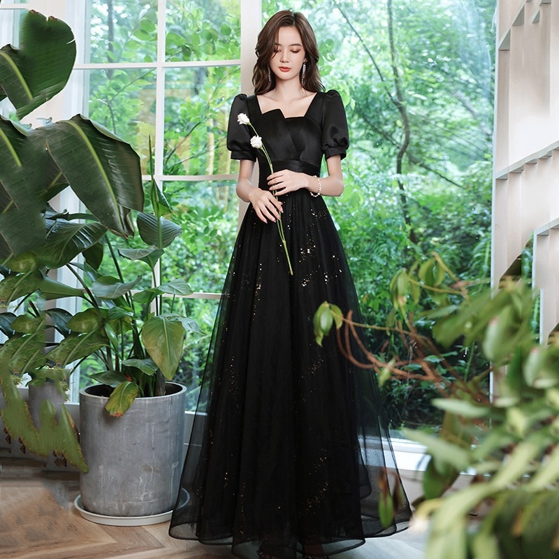 ブラックイブニングドレス宴会2024夏スリム気質ファンタジーロングドレススカート