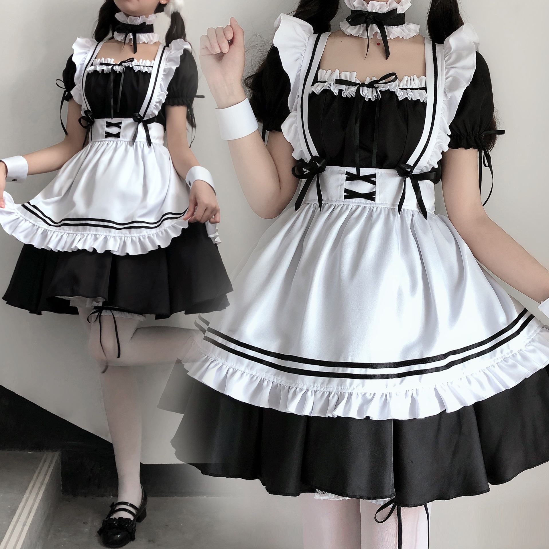 日韓黒白色メイド服女装ローリメイドかわいいlolitaワンピース大サイズcos