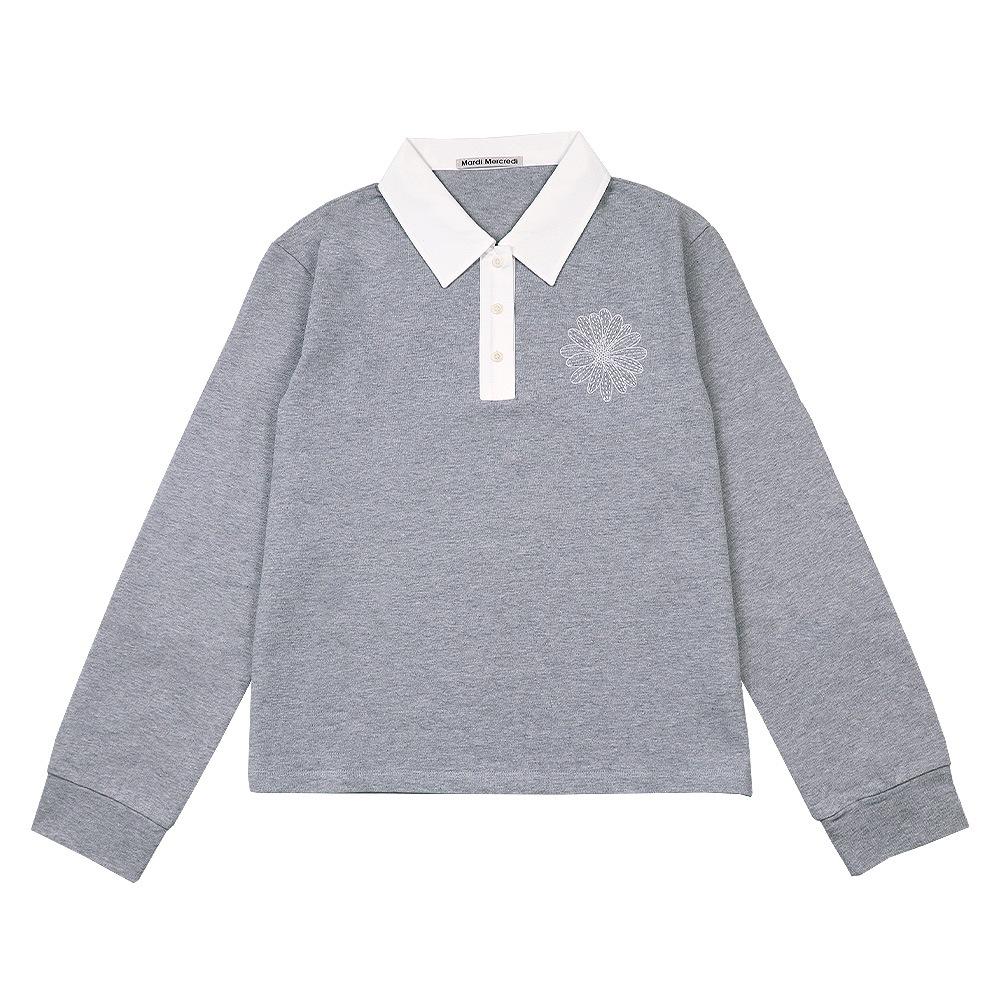 スウェット CROPPED SHIRT PIQUET FLOWER GREY 長袖 レディース 韓国 ファッション アパレル 刺繍
