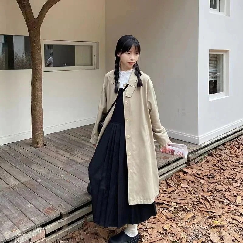 セミロング丈 開襟 24 女 韓国ファッション コート キャンパス風 カーキ