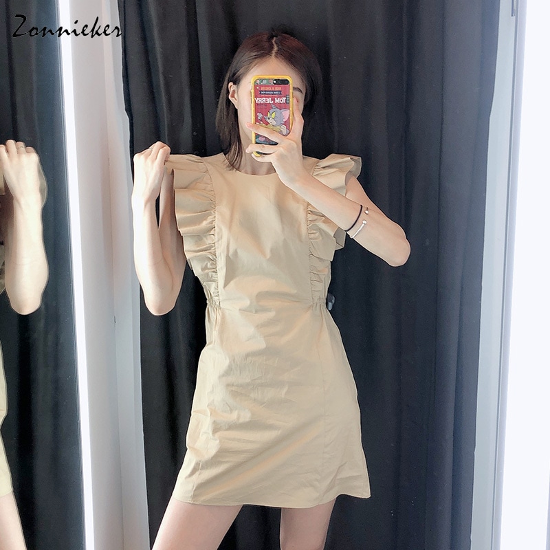 ワンピース ミニスカート ショート丈 ノースリーブ フライングスリーブ ラウンドネック Iライン かわいい 大人可愛い きれいめ シンプル 大人 上品 おしゃれ ラブリー キュート ガーリー