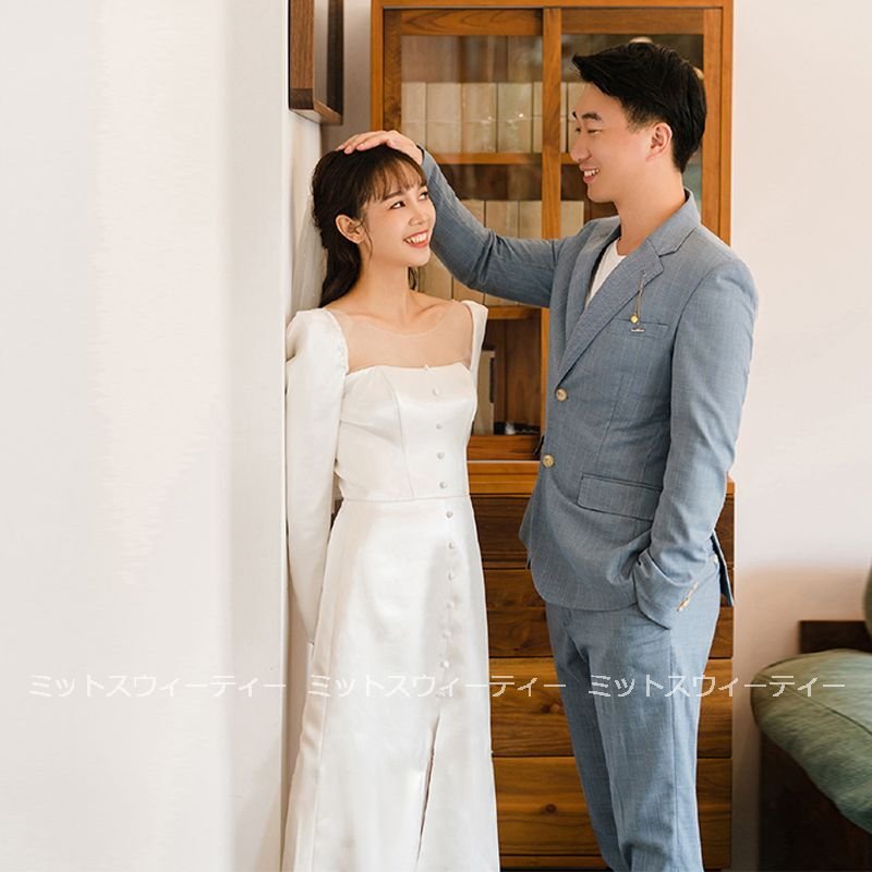 ウェディングドレス 長袖 ミモレ丈スカート aラインドレス 二次会 花嫁 パーティードレス 披露宴 ブライダル 結婚式 シンプルドレス ホワイト フォーマルドレス