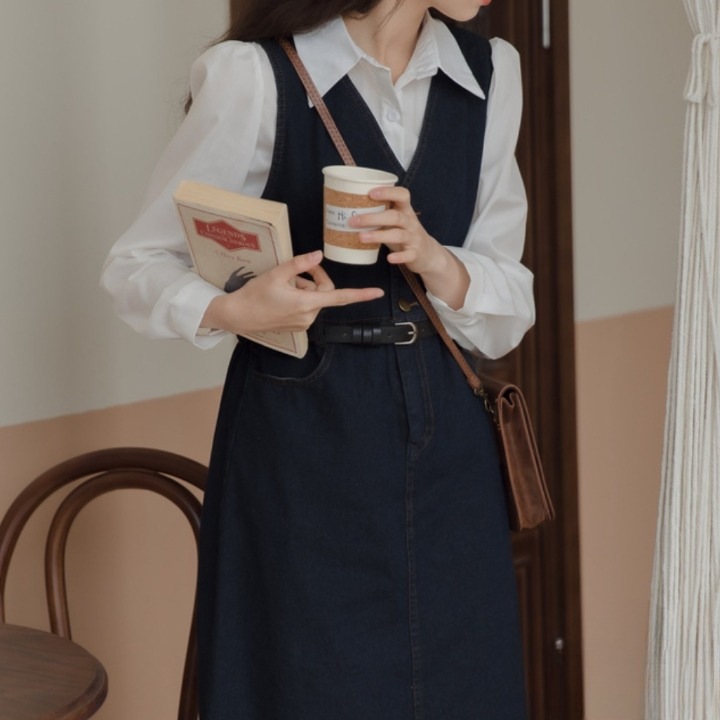 スカート レディース デニムスカート S M L 韓国 ジャンパースカート ワンピース ミモレ丈 Aライン サスペンダー ノースリーブ Vネック 袖なし デニム かわいい 大人可愛い シンプル 上品