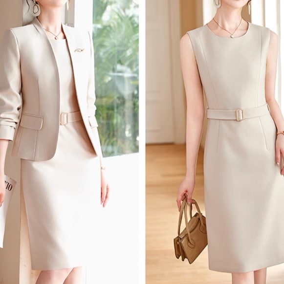 レディース ジャケット ワンピース セットアップ 前開き ノーカラージャケット 膝丈 膝上 ノースリーブ 長袖 Iライン フォーマル ベルト ウエストマーク ハイウエスト コンサバ かわいい 10,139円