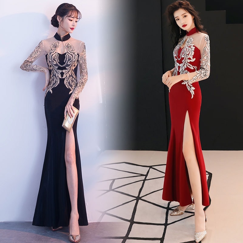 黒のイブニングドレス女性のオーラ女王チャイナドレステールスカート高貴な気質食事会丈スタイル安い