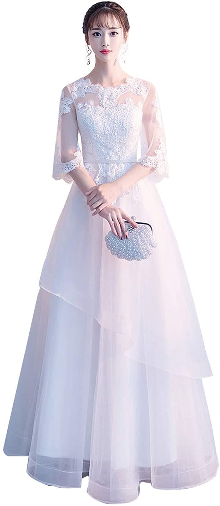 可愛い ウェディングドレス 二次会ドレス 結婚式 プリンセスラインドレス パーティードレス 新婦 挙式 ブライダル 袖あり ロングドレス ホワイト( 白A-ロング丈, S)