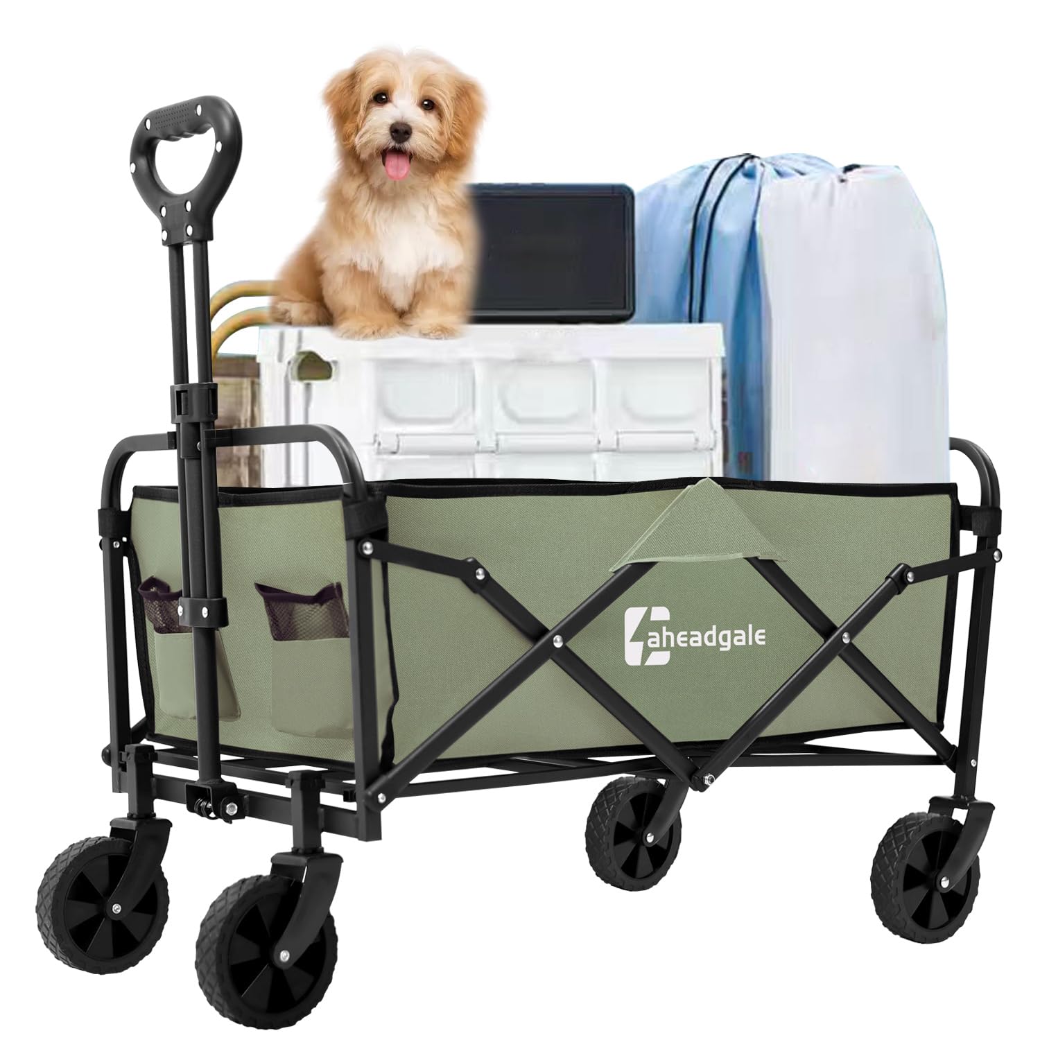 AHEAD GALE キャリーワゴン アウトドア 大容量 折り畳み アウトドアワゴン キャリーカート キャンプカート ワイドタイヤ搭載 (グリーン（M）)