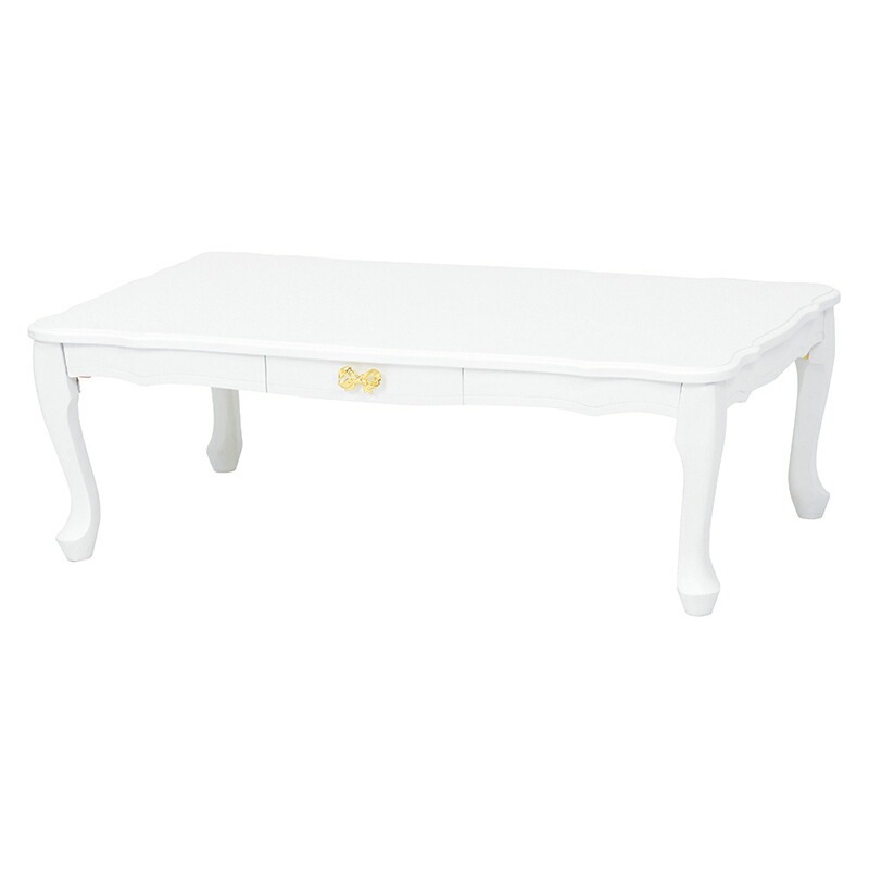 折れ脚テーブル（ホワイト）　MT-6041WH折りたたみ式で収納らくらく引き出しのリボンモチーフの取っ手と猫脚が可愛いコンパクトテーブル 11,959円