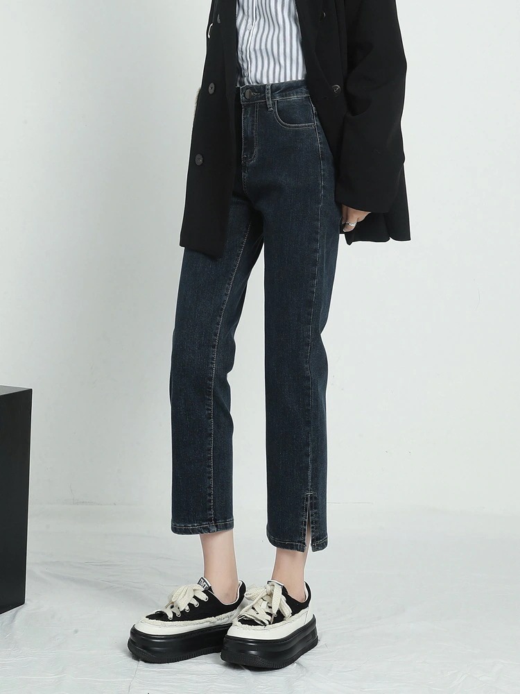 春春冬春新作オープンジーンズ女性ストレートゆったりハイウエスト薄型l万能小梨体型