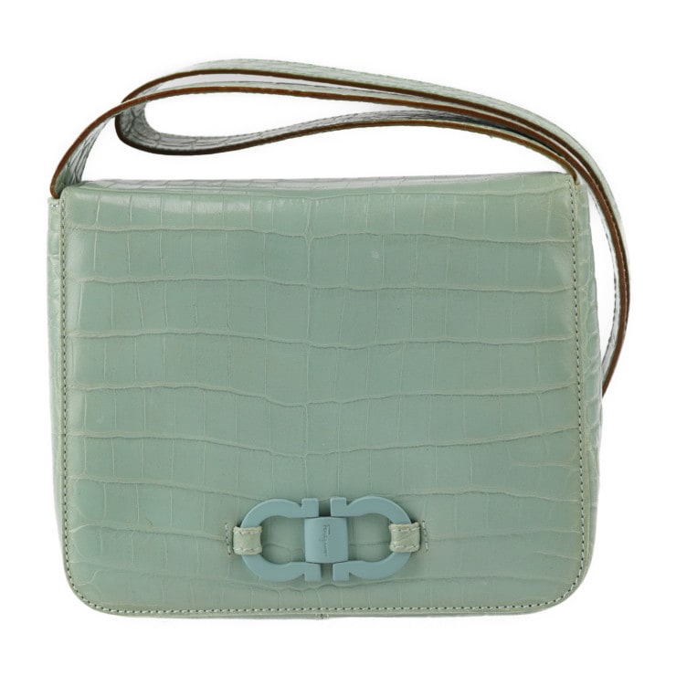 美品 Salvatore Ferragamo サルヴァトーレ フェラガモ ショルダーバッグ 216195 ガンチーニ クロコ型押しレザー グリーン系【本物保証】