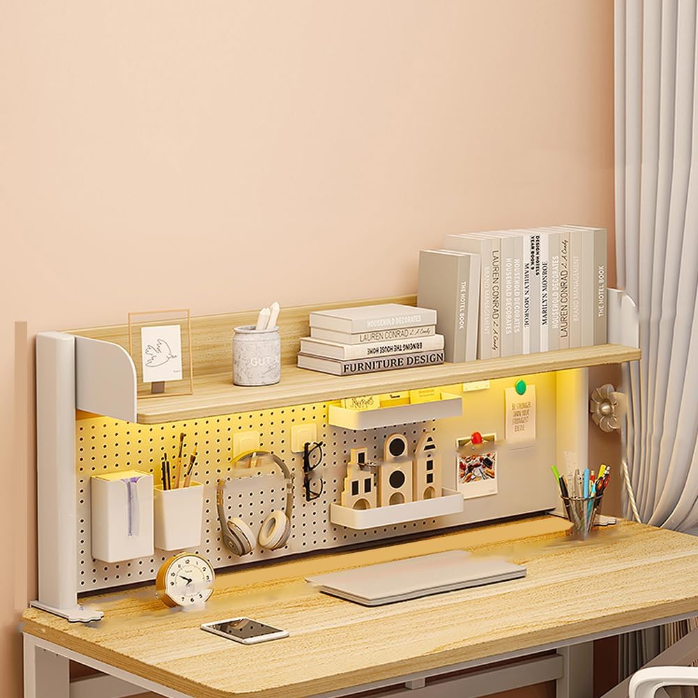 PFLife 机上ラック 有孔ボード付き 卓上ラック クランプ式 スタンド式 デスク上収納ラック ペグボードつき デスクシェルフ デスク上置棚 多機能 小物入れ 白 オーク 二段/三段 簡単組立 スペ