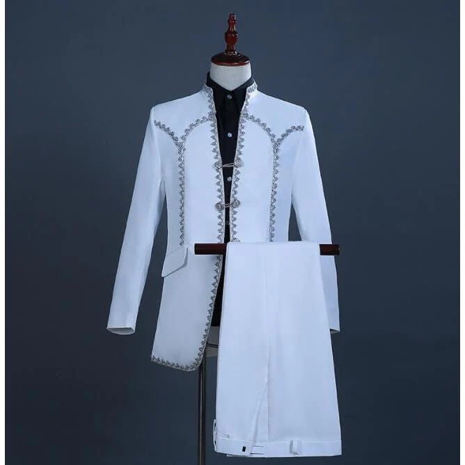 ステージ衣装 メンズ 欧米 王子様 舞台衣装 演出服 コスチューム 白 スーツ 礼服 2点SET 長袖 ミドル丈 ジャケット ロングパンツ ハロウィン ミュージカル ヨー30%までに制限