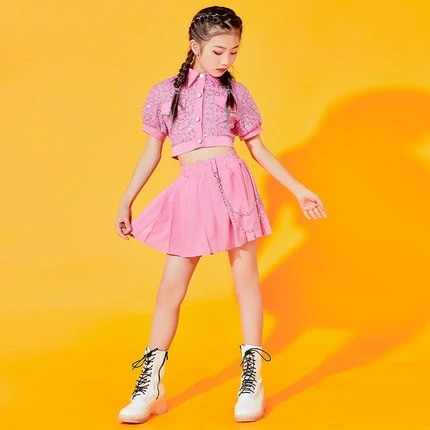 スパンコールダンス衣装 セットアップ キッズ　トップス　スカート ヒップホップ 衣装 キッズ　ダンス 衣装 ヒップホップ キッズ　チアガール ダンス衣装 　ヒップホップ　ファッション　ダンス衣装 k-