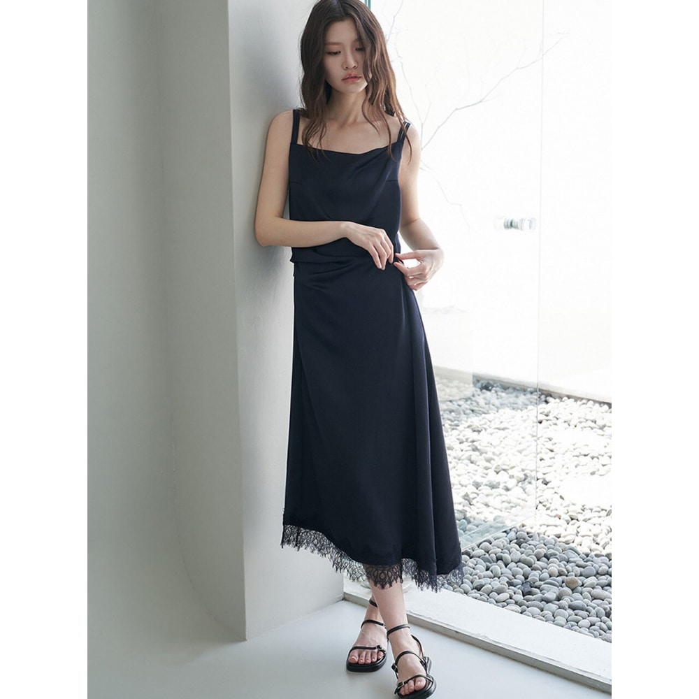 DESIGNOWOL サテンレースアシンメトリースリップドレスミッドナイトネイビー