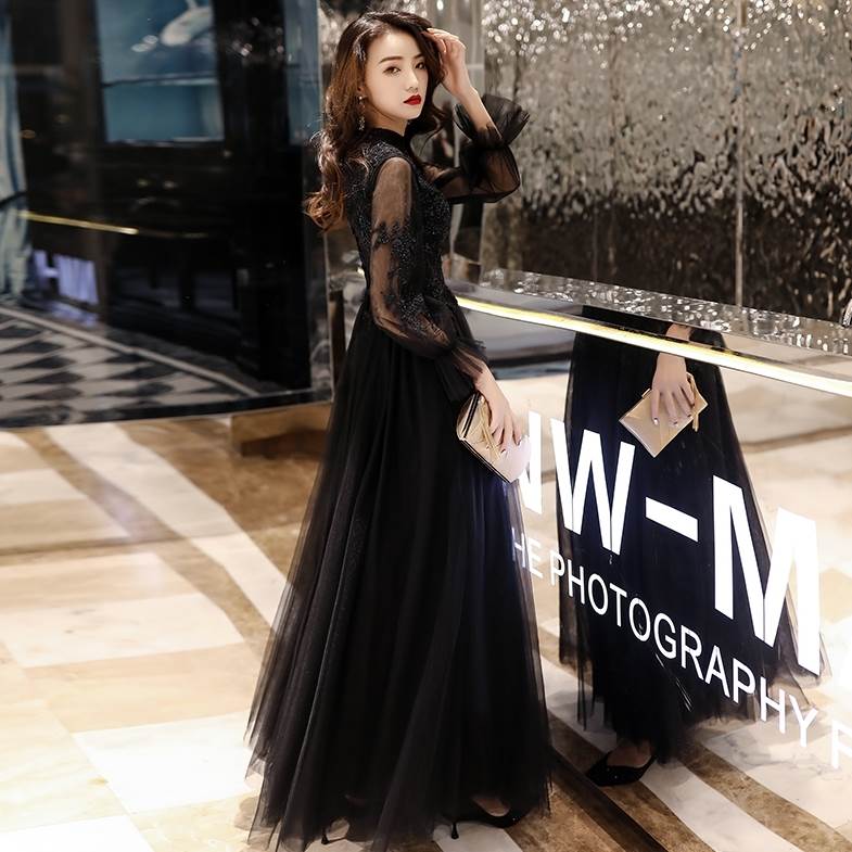 希少アイテム2色 ロングがドレス パーティードレス 長袖 おしゃれ 個性的 黒 赤 透け感 刺繍 結婚式 二次会 お呼ばれ フォーマル 演奏会 ピアノ 発表会 ドレス 大人 かっこいい 可愛い プリン