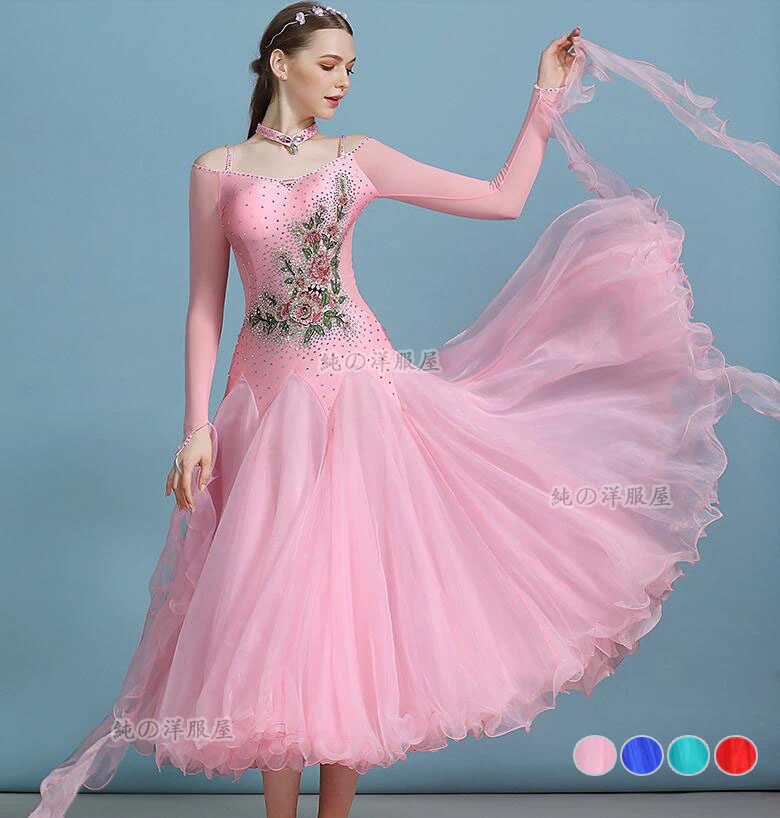 社交ダンス モダンドレス レディース スタンダード モダン タンゴ ワルツ ラテン フラメンコ チャチャチャ ダンスドレス ロング 長袖 花 ストーン リボン ダンス 専門 競技着 試合着 練習着 レ 9,110円