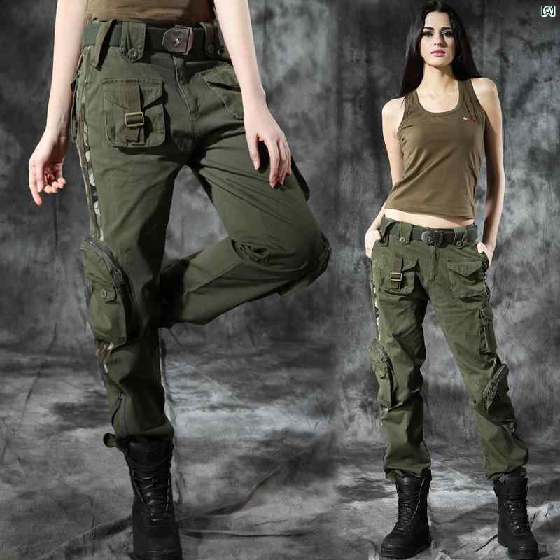 レディース アウトドア オーバー オール カジュアル 迷彩 パンツ ストレート マルチ ポケット スリム ハイキング