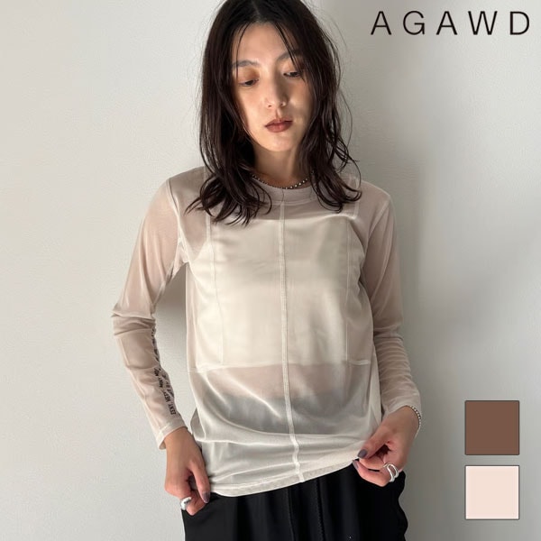 【即納】 アガウド AGAWD トップス 25春夏 Cuff Logo Sheer Tops カフロゴシアーTシャツ ミドル丈 長袖 透け感 2225-6693