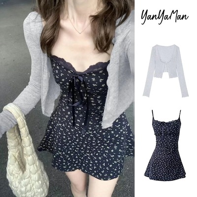 ブルー花柄ワンピースぺート女性の夏は焼きますかーディガンウスぺートホルターショートスぺート2点セぺト