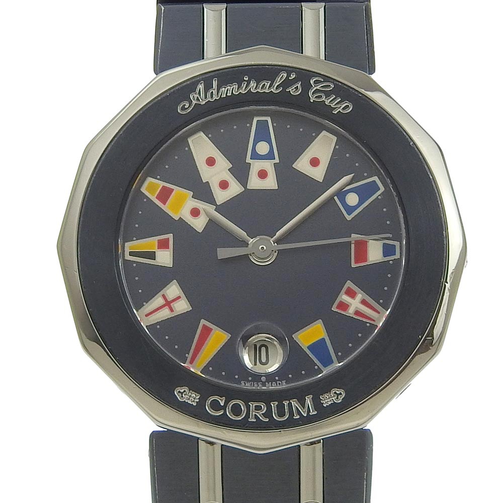 CORUM コルム アドミラルズカップ 39.610.30 V050 腕時計 ステンレススチール ガンブルー ネイビー シルバー クオーツ アナログ表示 レディース ネイビー文字盤 中古品 Aラン