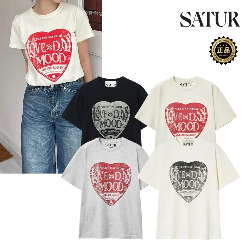 Saturday Retro Mood Graphic TShirt ユニセックス 半袖 ハートプリント ルーズフィット オーバーサイズ 春夏 デイリー 旅行 ストリート 韓国 コーデ提案 スニーカー